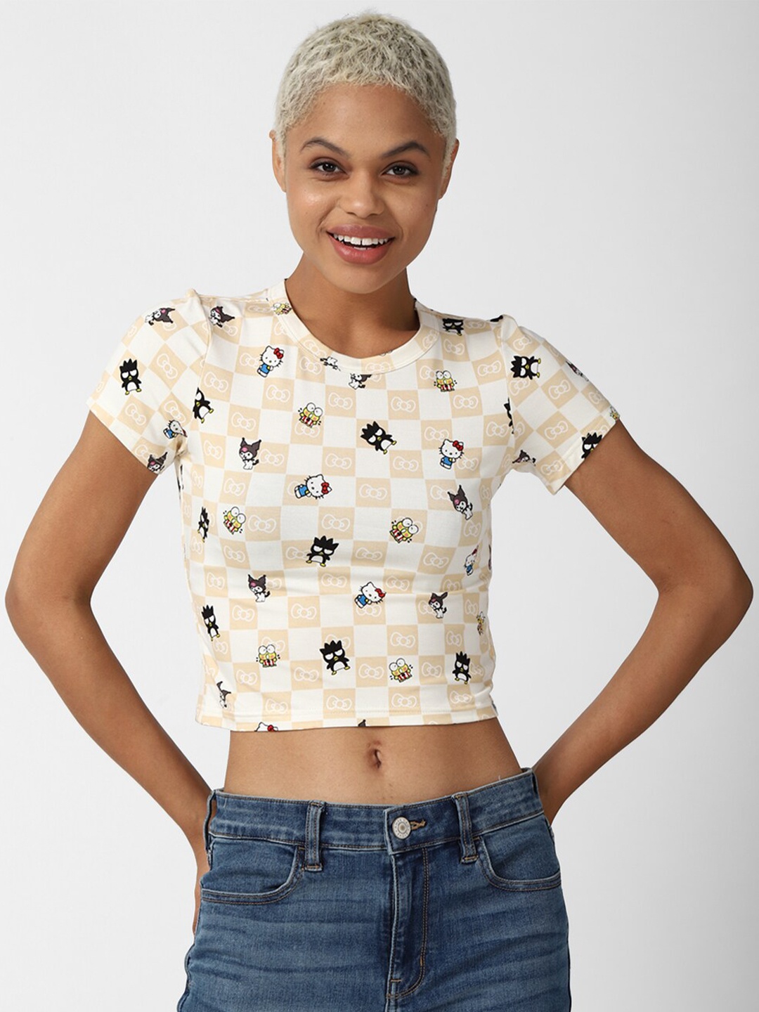 

FOREVER 21 Cream-Coloured & Black Floral Print Fitted Knit Crop Top