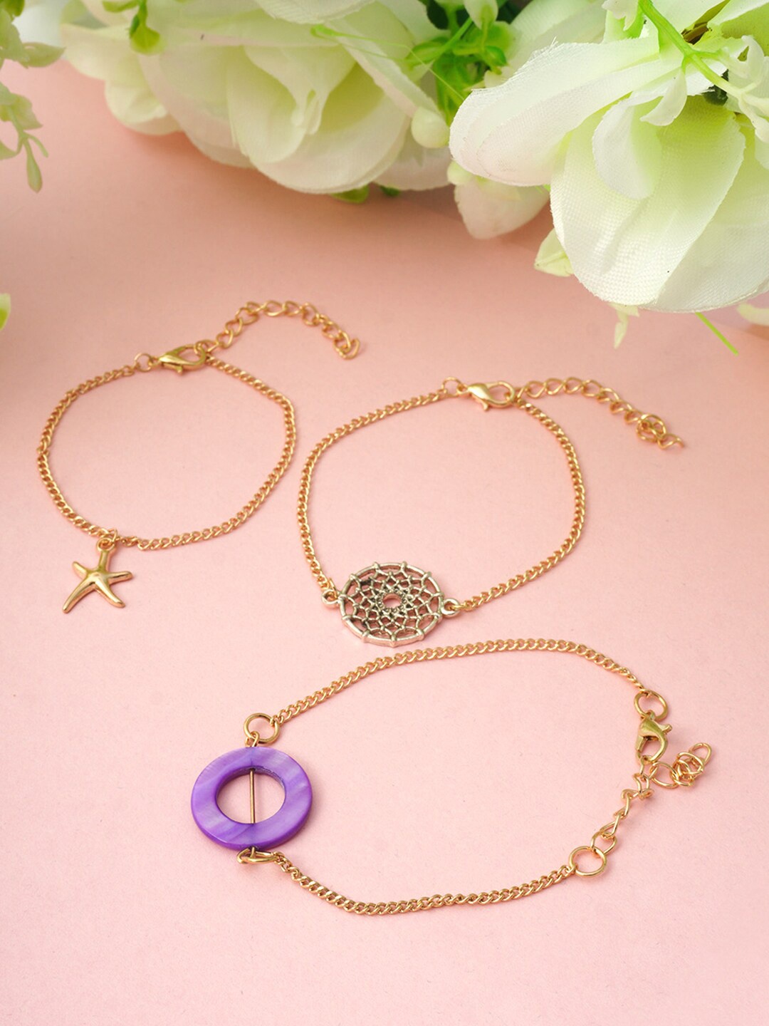 

Ferosh Women Set Of 3 Gold-Toned & Purple Stone Starfish Charm Bracelet