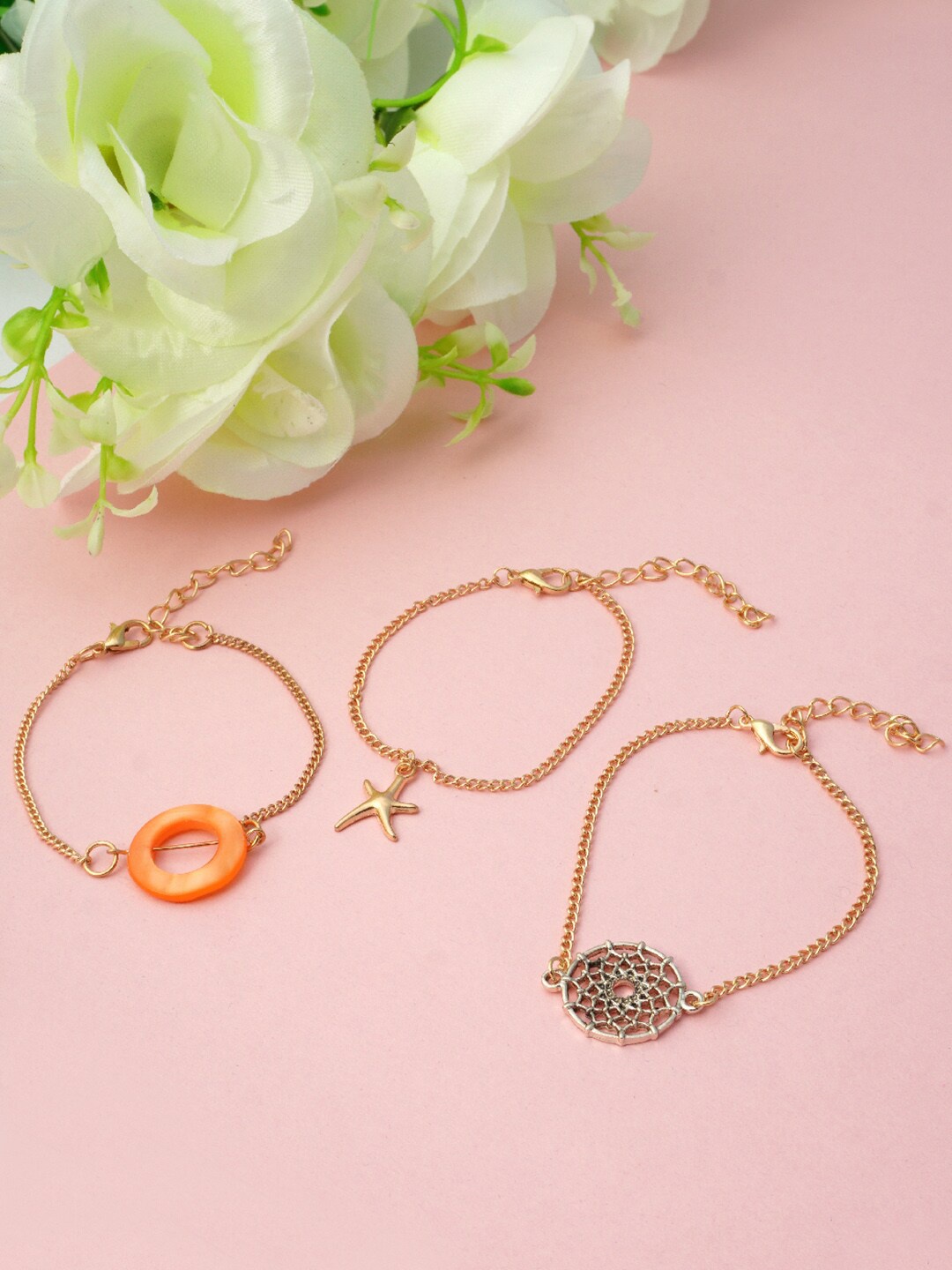 

Ferosh Women Set Of 3 Gold-Toned & Orange Charm Bracelets