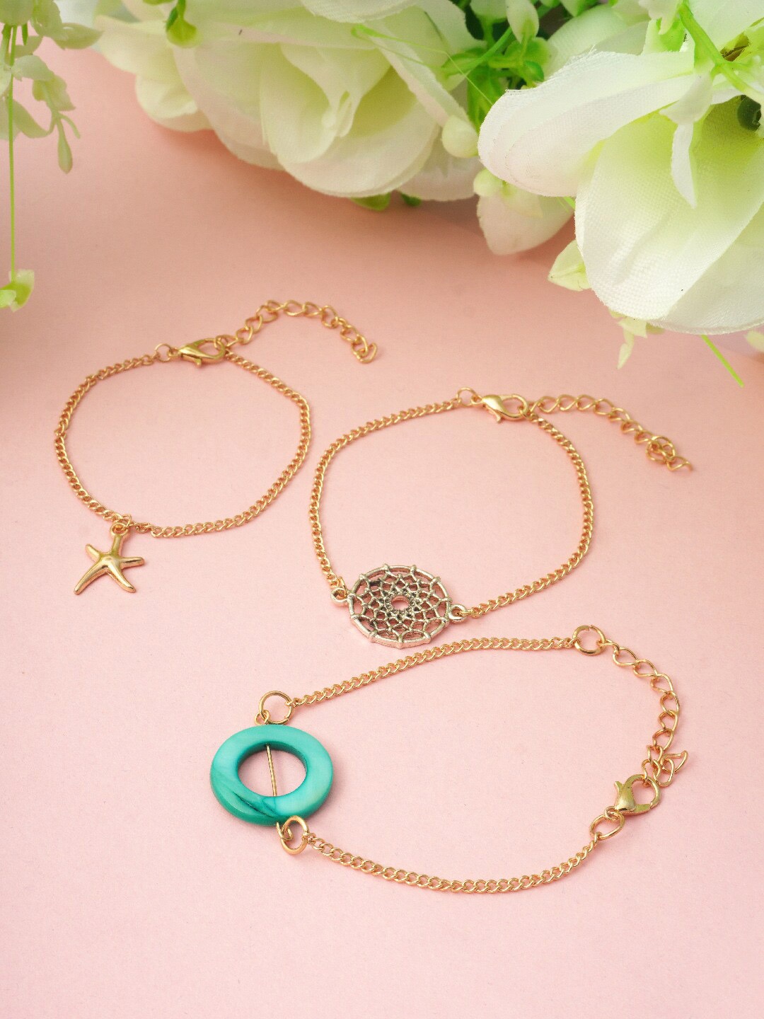 

Ferosh Women Set Of 3 Gold-Toned & Green Charm Bracelet