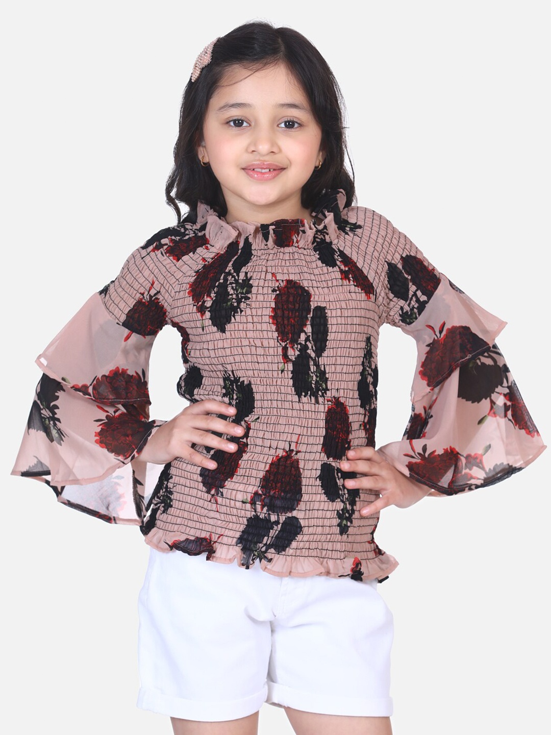 

LilPicks Girls Beige Floral Printed Smocking Georgette Top
