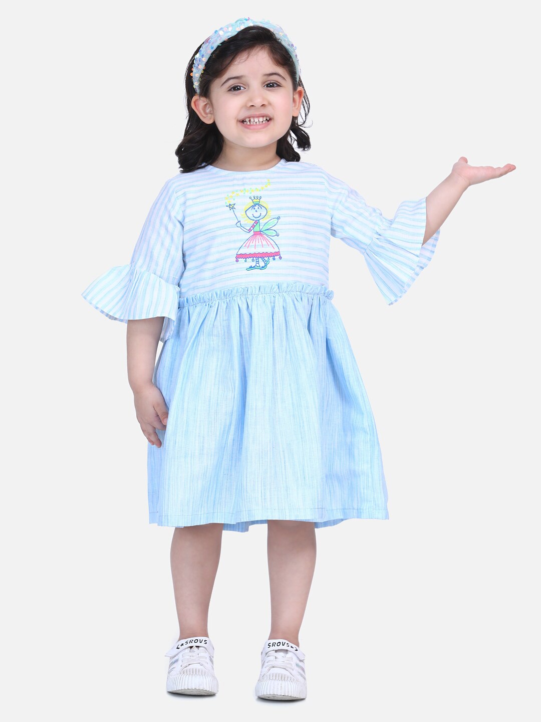 

LilPicks Blue Striped Embroidered Bell Sleeves Cotton Dress