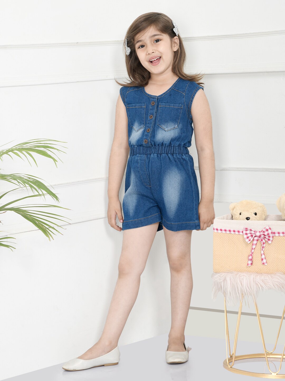 

LilPicks Girls Blue Washed Denim Playsuit