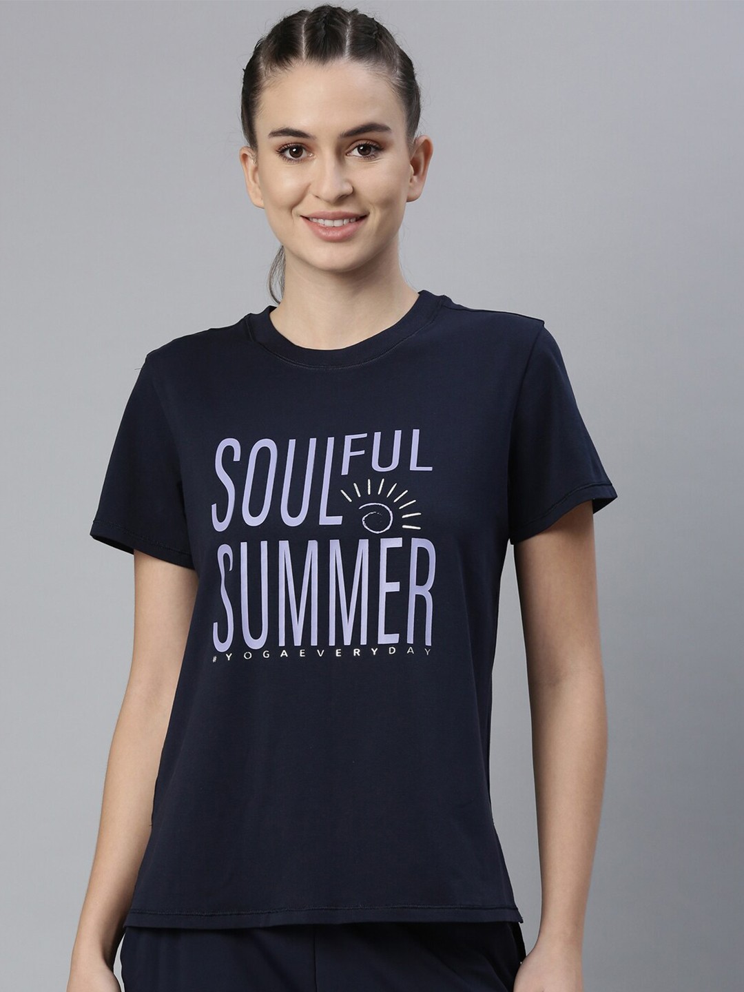 

Enamor Women Navy Blue & White Typography Printed Anti Odour Cotton T-shirt