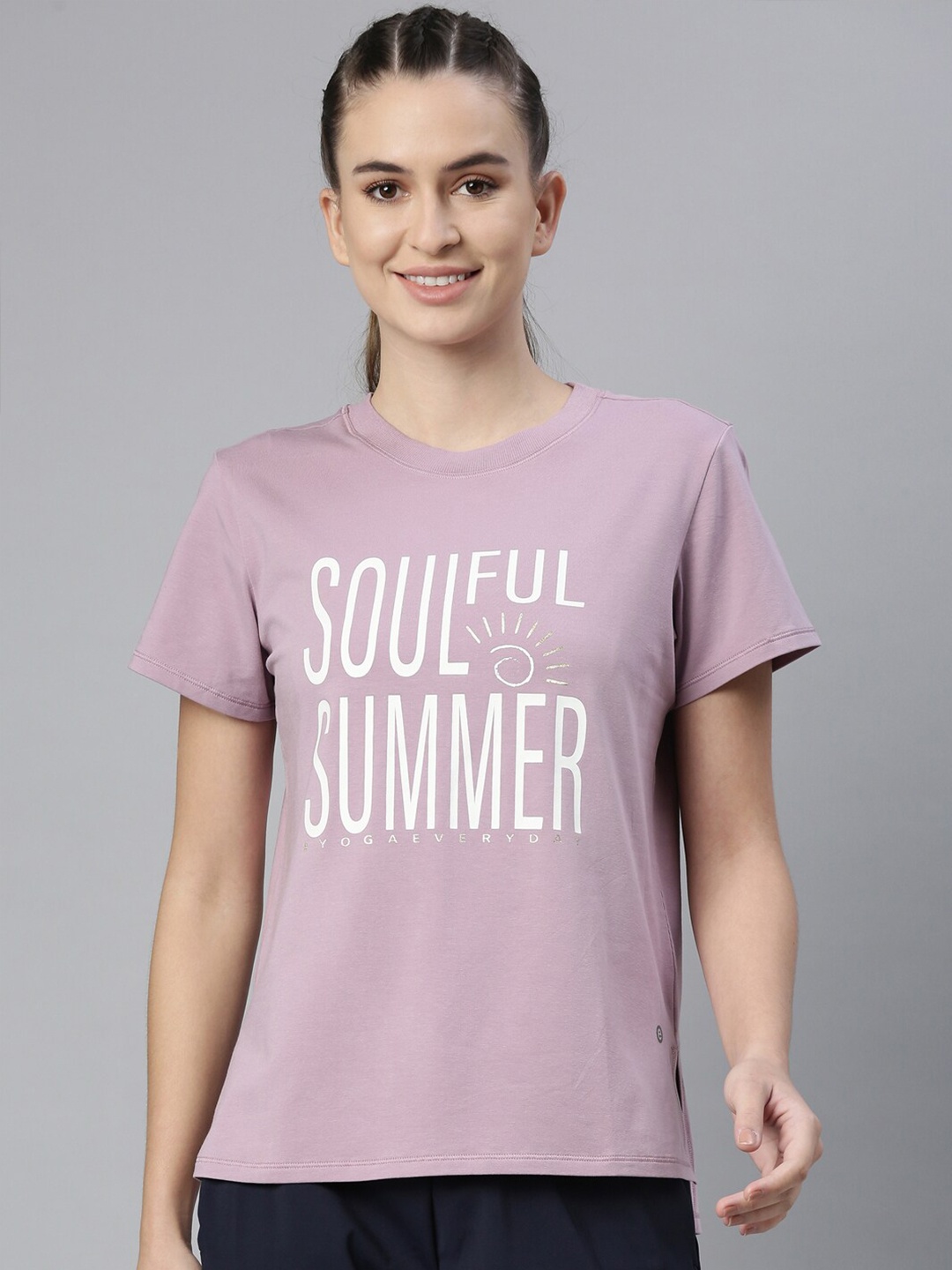 

Enamor Women Mauve Typography Printed Anti Odour Outdoor T-shirt