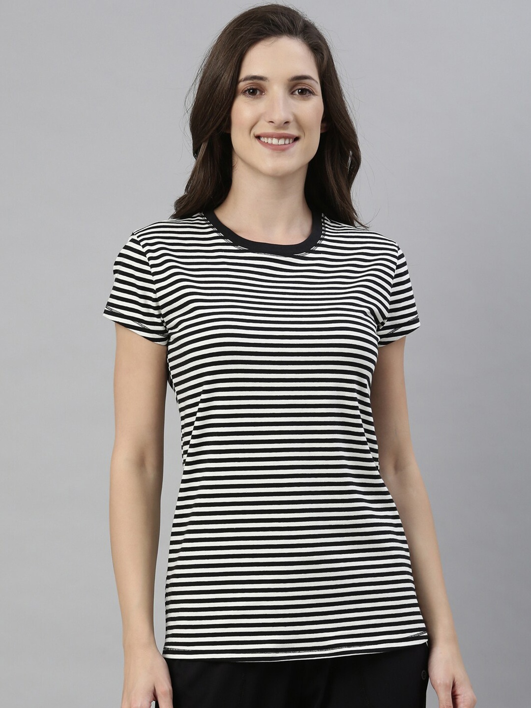 

Enamor Women Black & White Striped Monochrome Cotton Slim Fit T-shirt