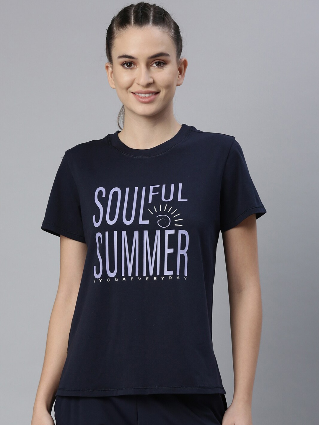

Enamor Women Navy Blue Typography Printed Anti Odour Outdoor T-shirt