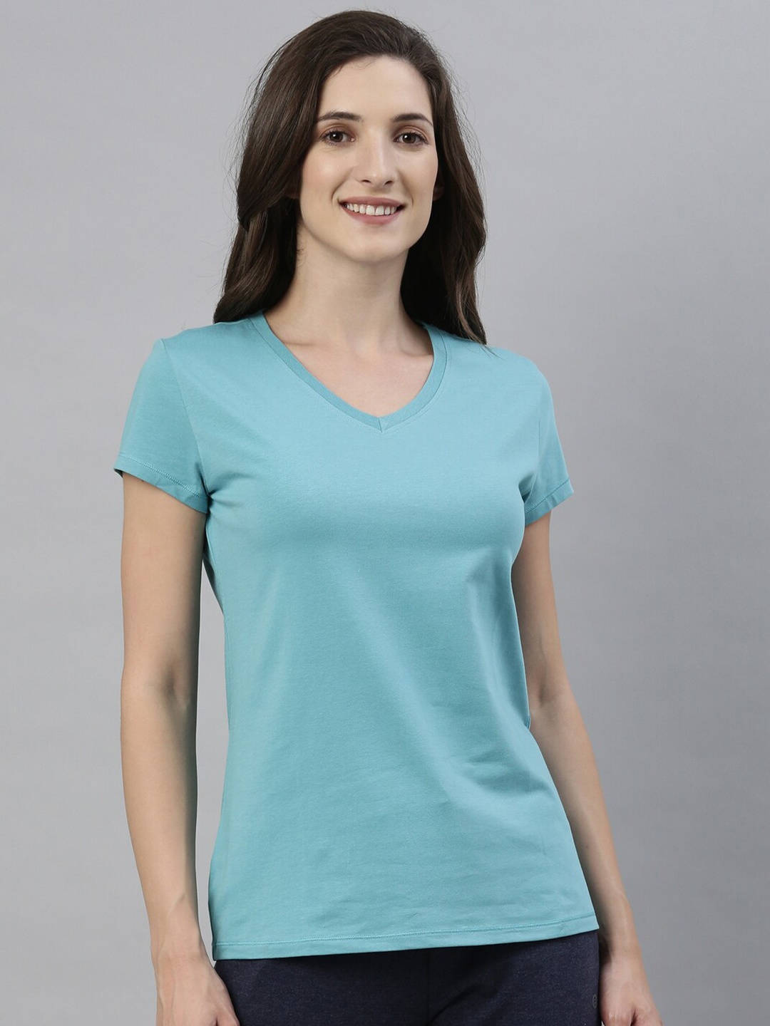 

Enamor Women V-Neck Short Sleeves Stretch Cotton T-shirt E067, Blue
