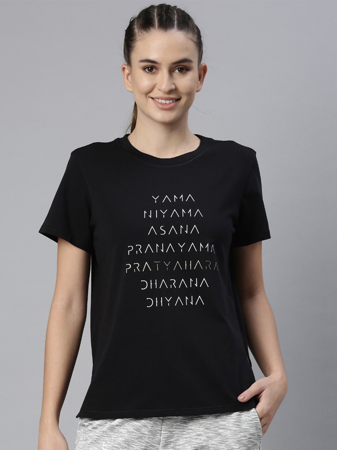 

Enamor Women Black Typography Printed Anti Odour Outdoor Relaxed Fit Cotton T-shirt