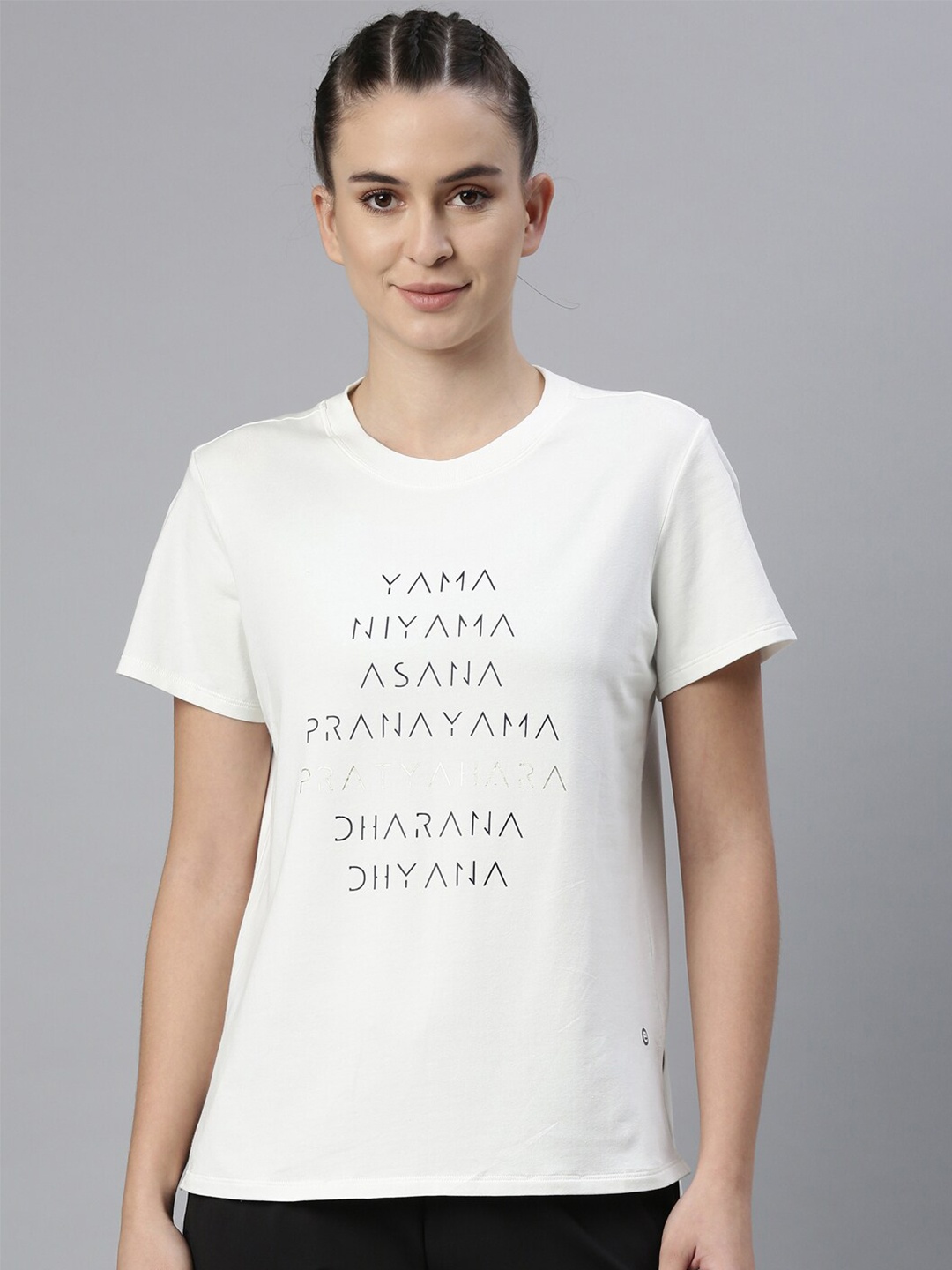 

Enamor Women Off-White Typography Printed Relaxed Fit Antimicrobial Sports T-shirt