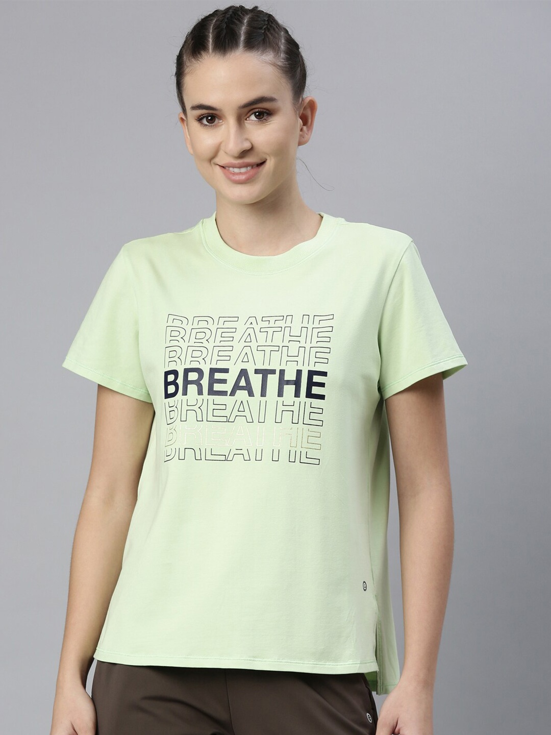 

Enamor Women Green Typography Printed Anti Odour Outdoor T-shirt