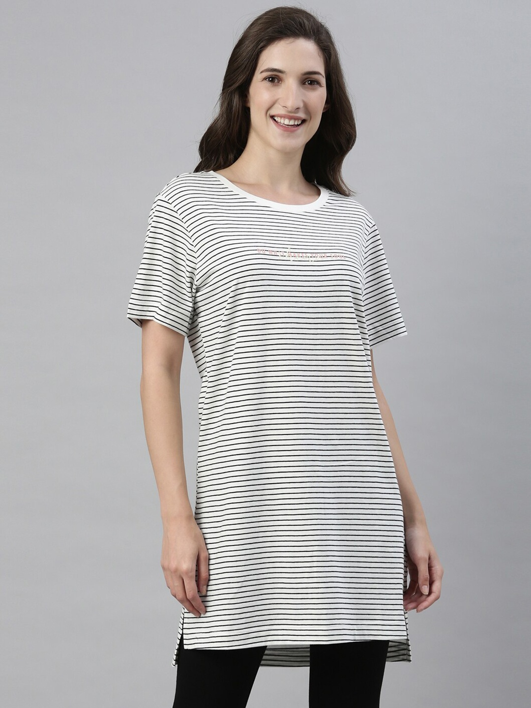 

Enamor EA61 Striped Crew Neck Cotton Tunic Tee for Women with Side Slits, White