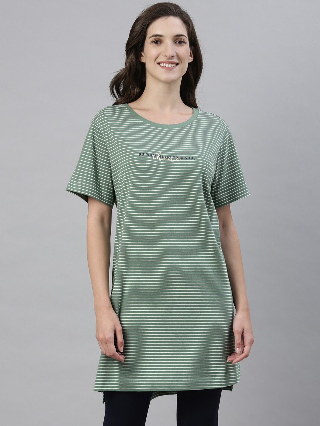 

Enamor Women Striped Crew Neck Cotton T-shirt Style Tunic With Side Slits, Green