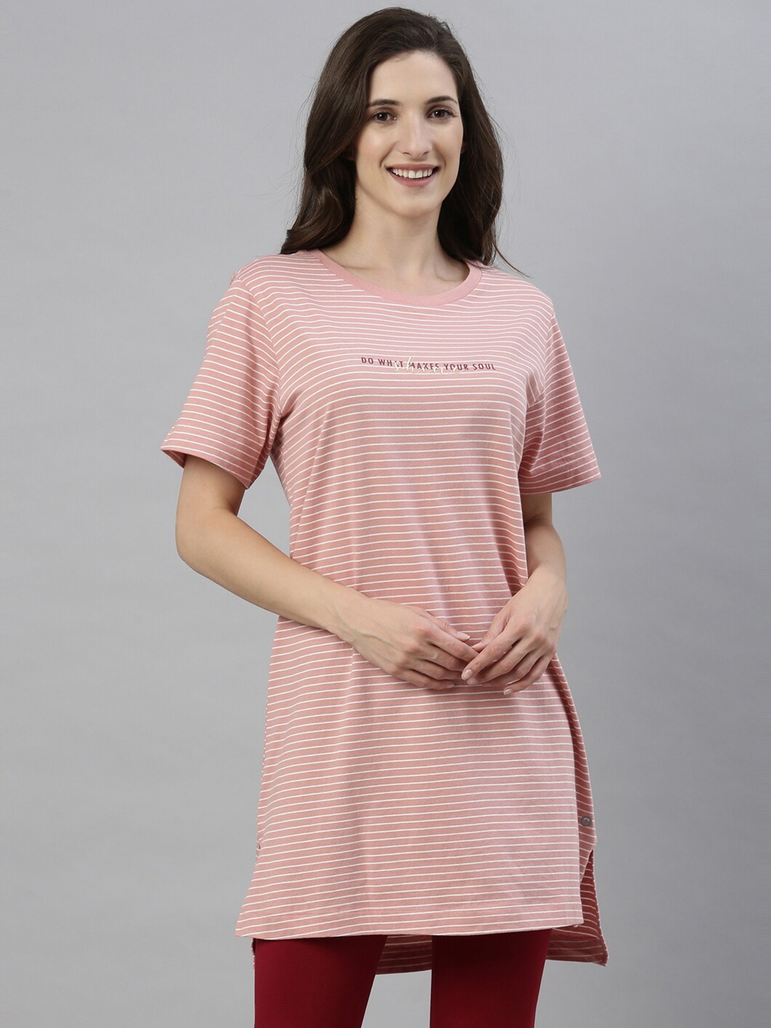 

Enamor Women Striped Cotton Tunic with Side Slits, Mauve