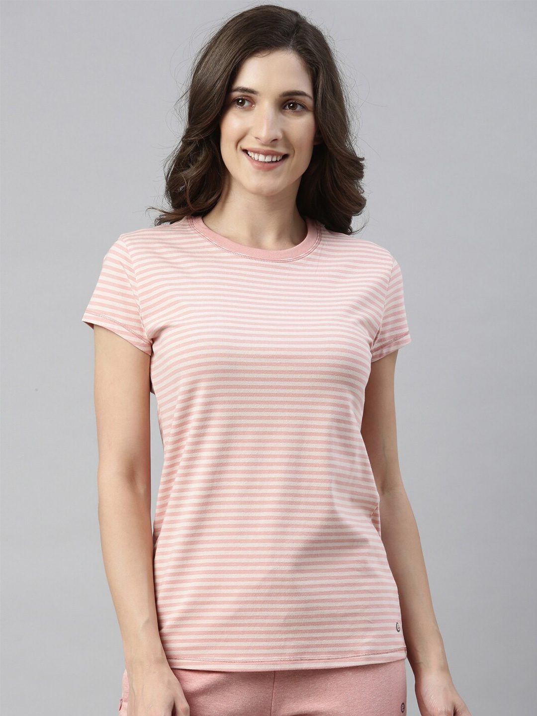 

Enamor Women Pink & White Striped Slim Fit Cotton Lounge T-shirt