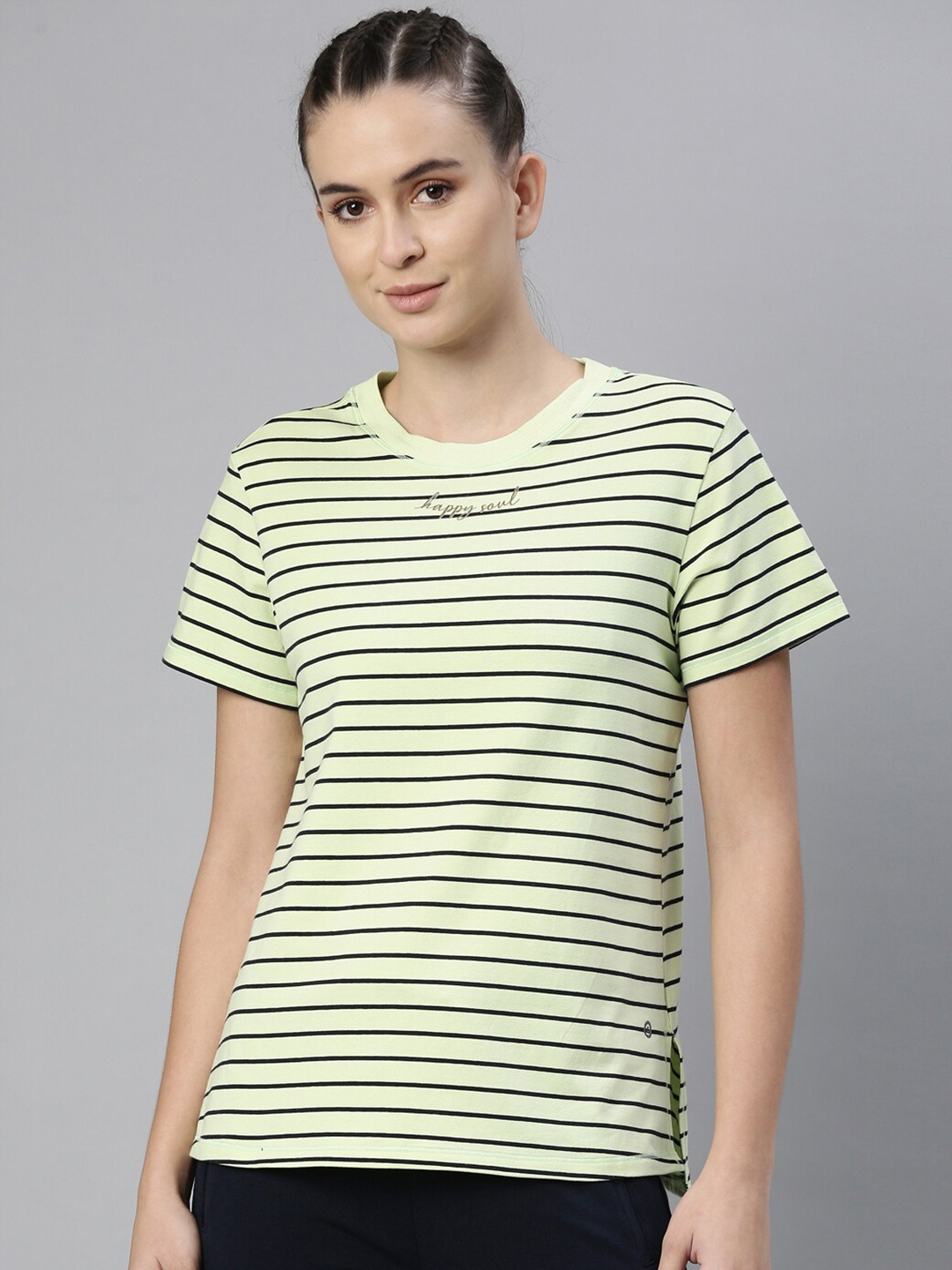 

Enamor Women Lime Green Striped Relaxed Fit Antimicrobial Sports T-shirt