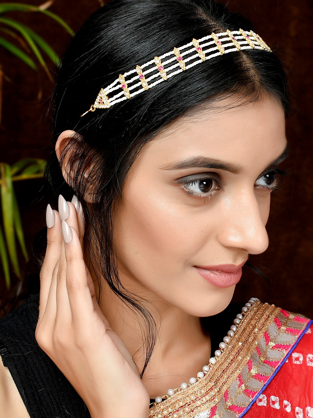 

Silvermerc Designs Gold-Plated White & Pink Stone-Studded & Beaded Head Chain