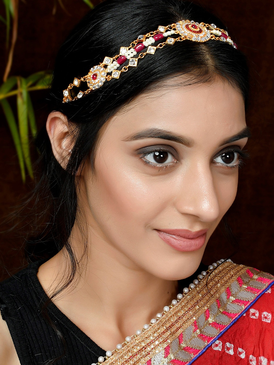 

Silvermerc Designs Gold-Plated & White Kundan-Studded & Pearl Beaded Meenakari Head Chain, Red
