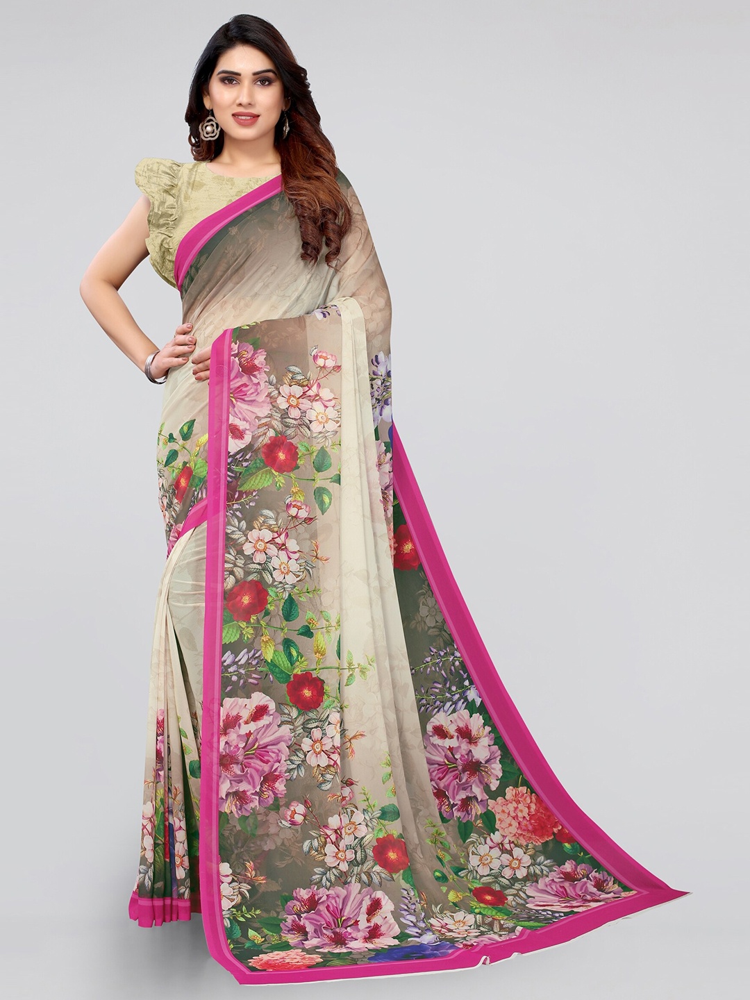 

KALINI Beige & Pink Floral Printed Bagh Saree