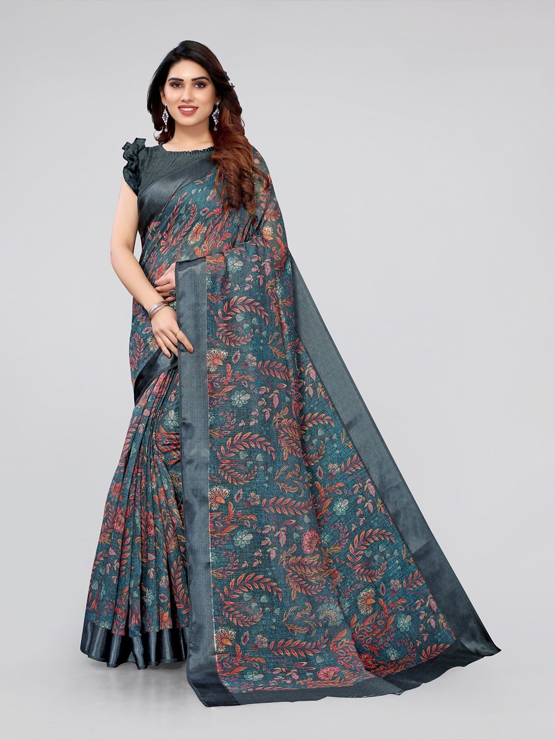 

MIRCHI FASHION Turquoise Blue & Pink Floral Bagh Saree