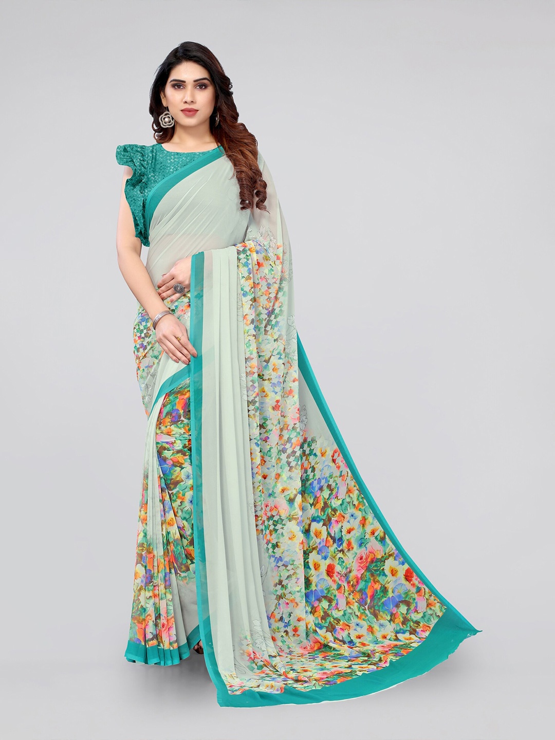 

MIRCHI FASHION Green & Orange Floral Bagh Saree