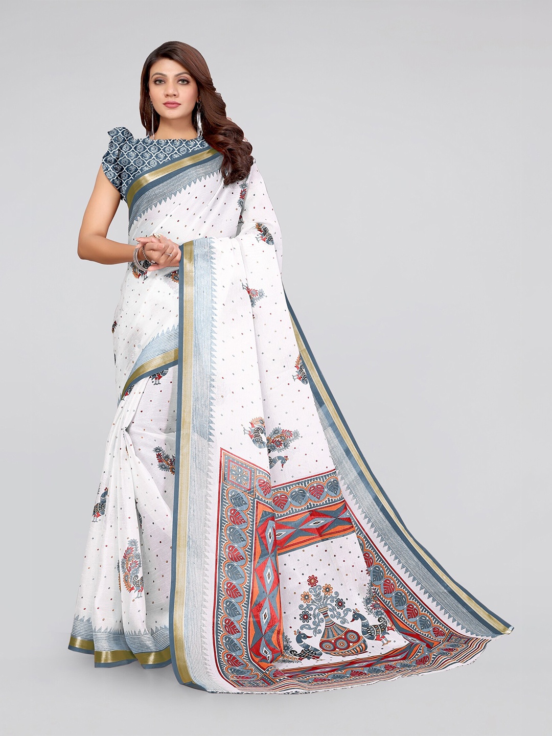 

MIRCHI FASHION White & Grey Ethnic Motifs Baluchari Saree