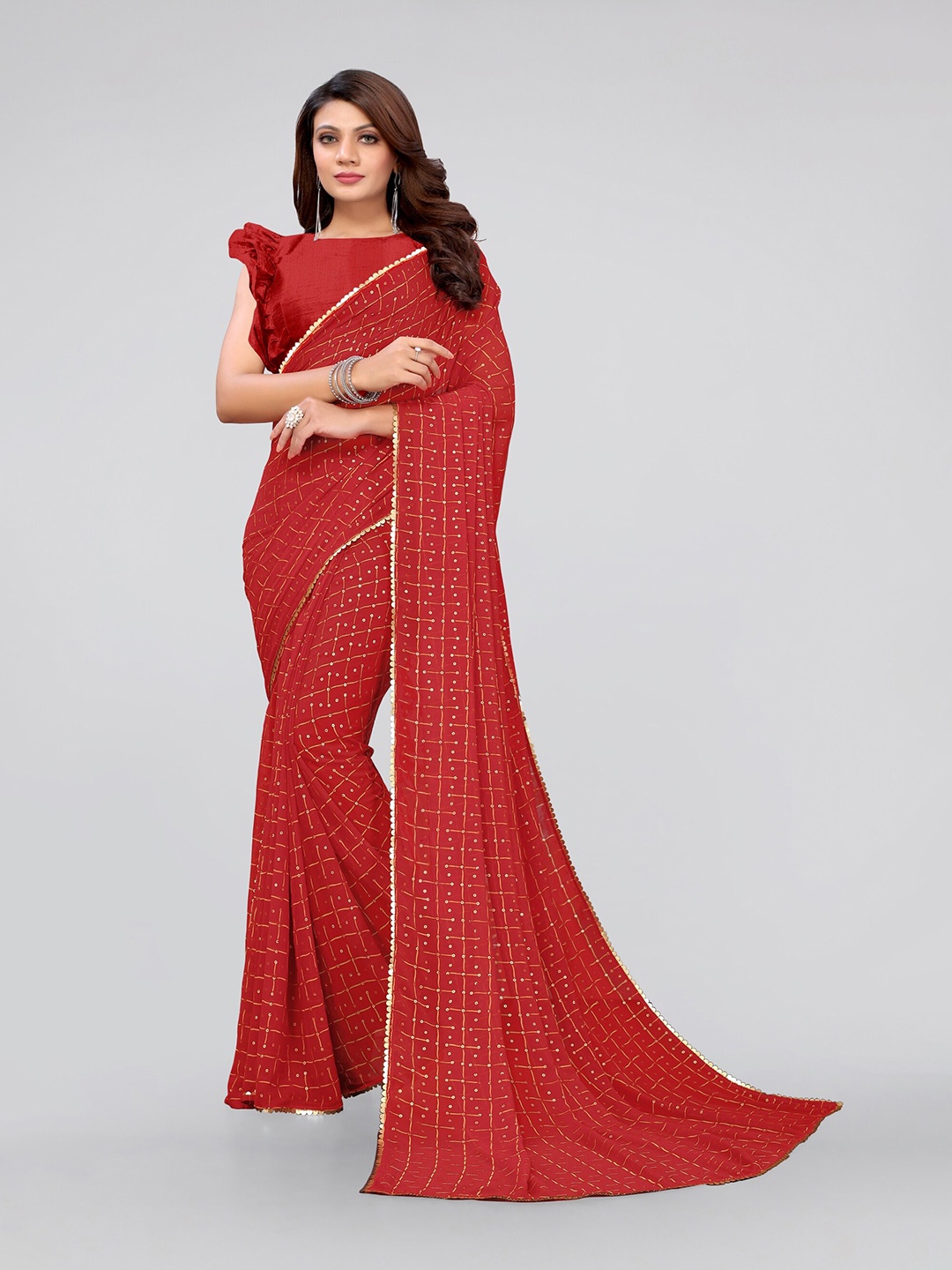 

MIRCHI FASHION Red & Yellow Geometric Embellished Saree