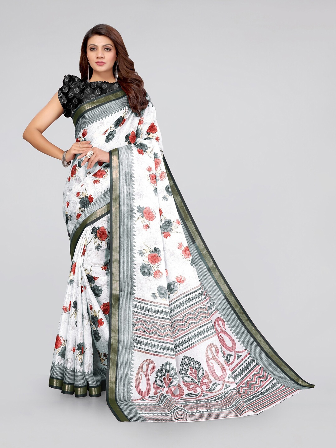 

MIRCHI FASHION White & Grey Floral Zari Baluchari Cotton Saree