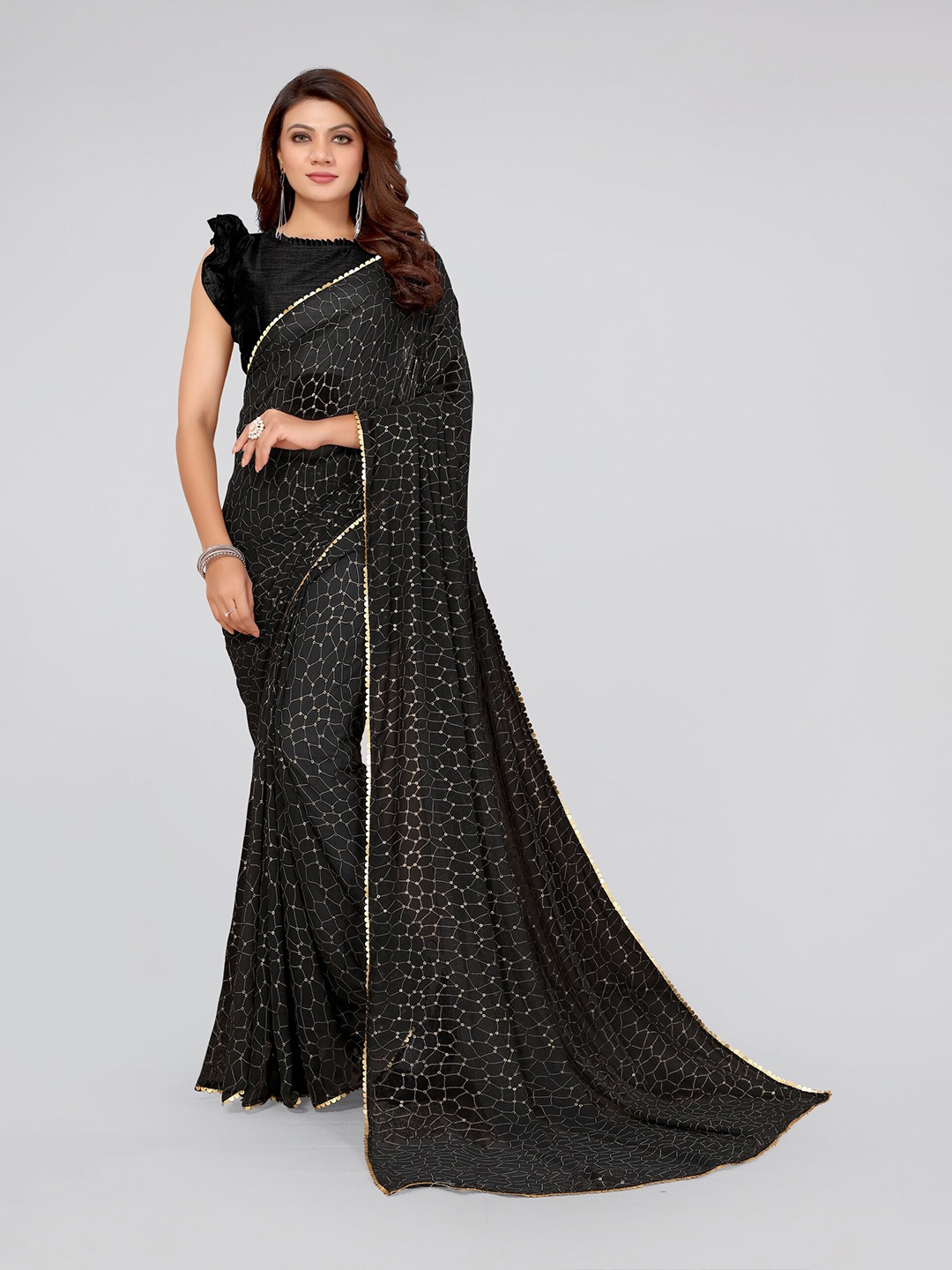 

MIRCHI FASHION Black & Gold-Toned Embellished Zari Saree