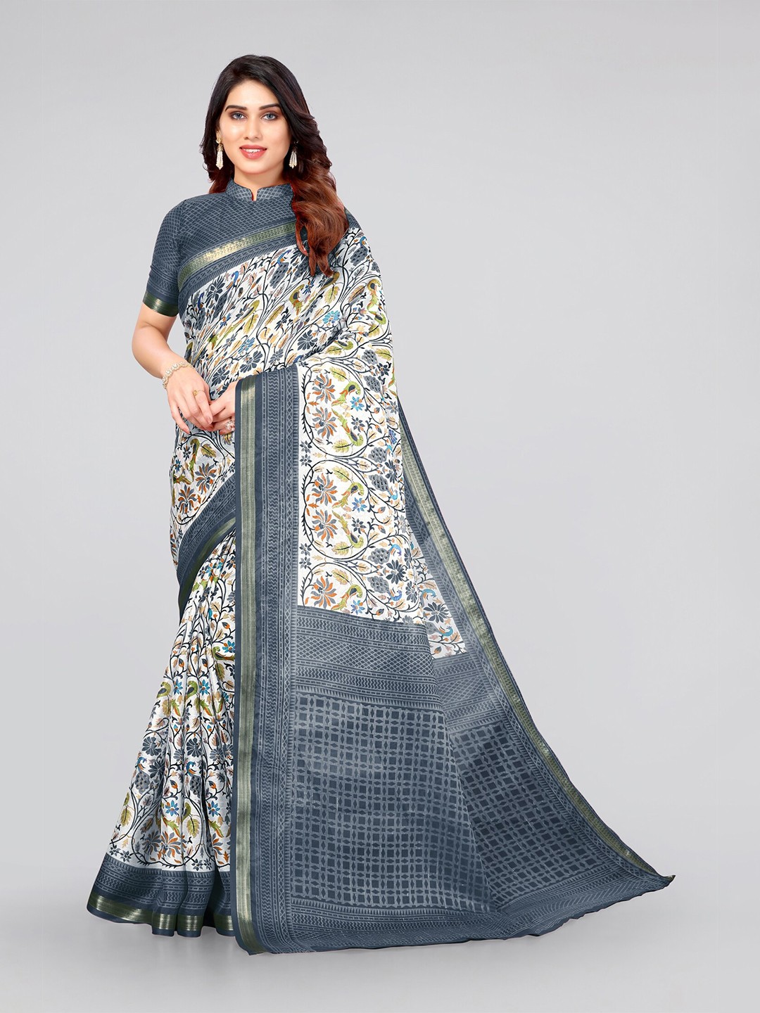 

MIRCHI FASHION White & Grey Floral Printed Zari Baluchari Saree