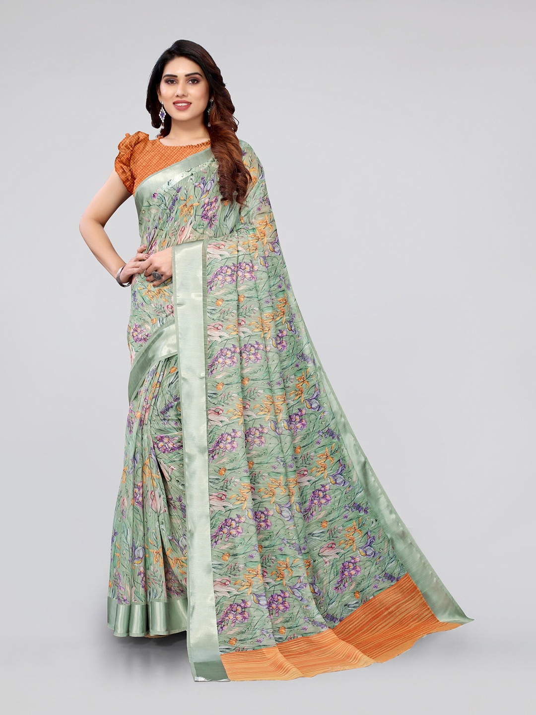

MIRCHI FASHION Green & Orange Floral Bagh Saree
