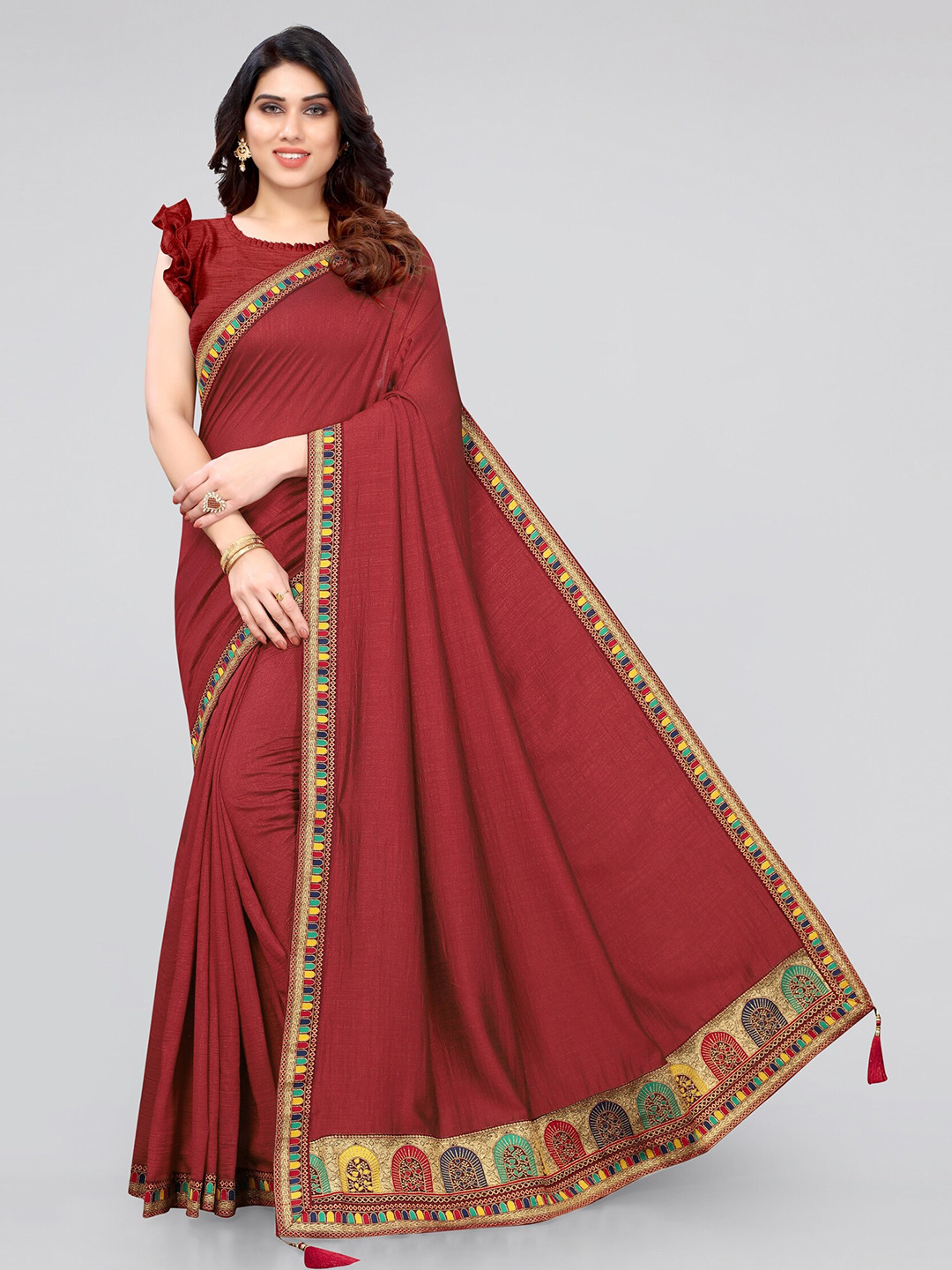 

MIRCHI FASHION Red & Beige Solid Vichitra Silk Saree