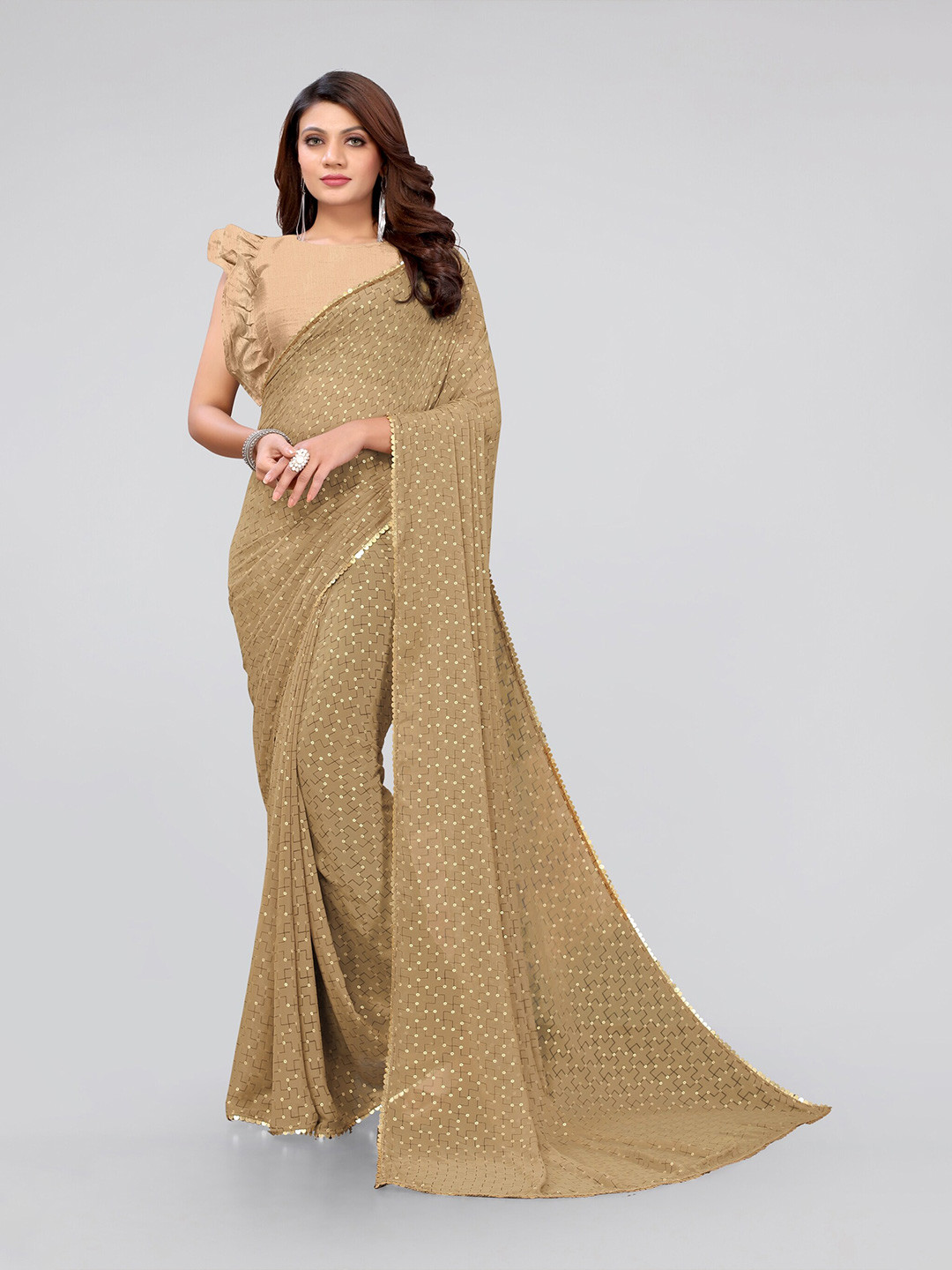 

MIRCHI FASHION Beige Embellished Sequinned Faux Georgette Saree