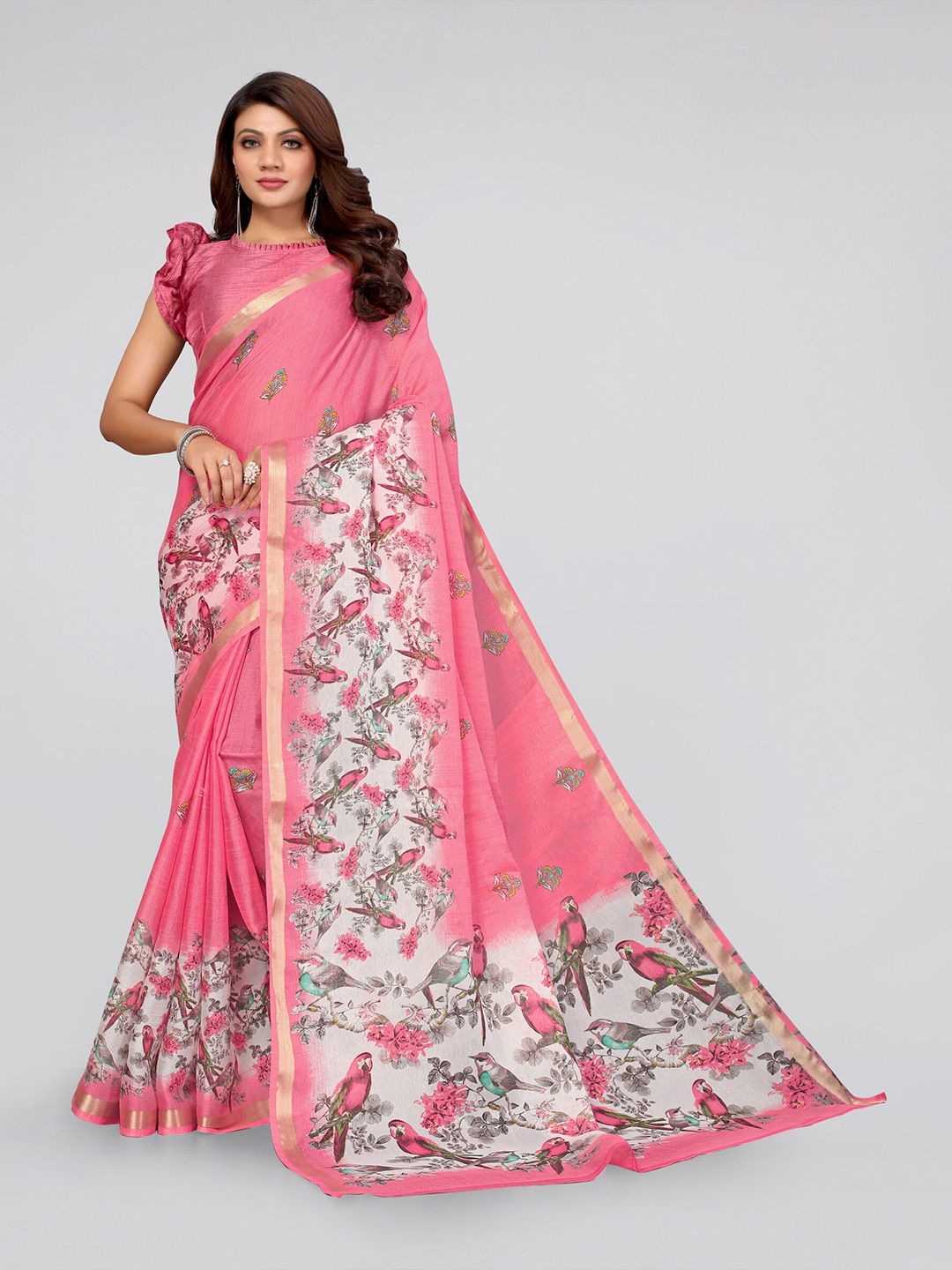

MIRCHI FASHION Peach-Coloured & White Floral Zari Baluchari Cotton Saree