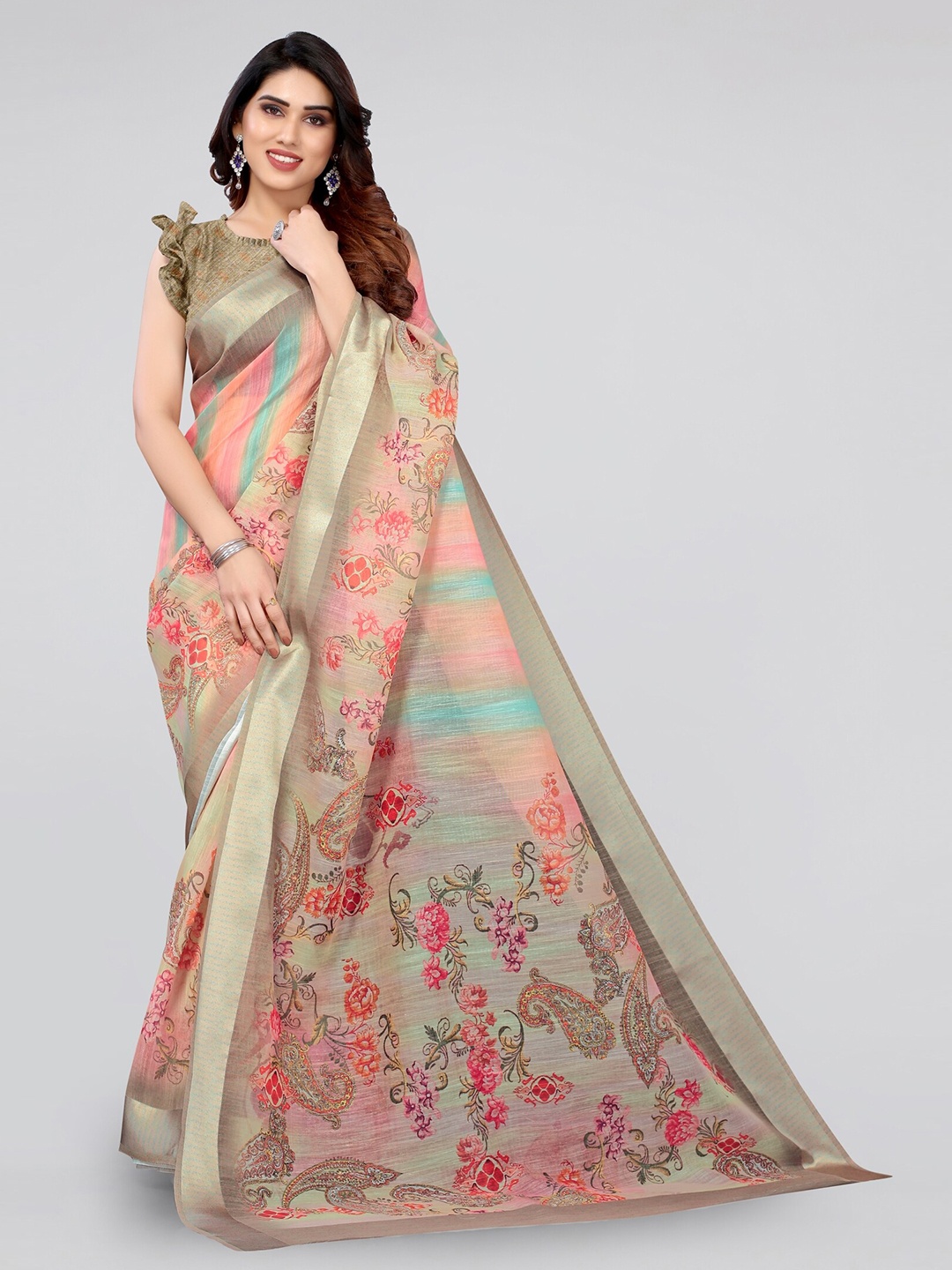 

MIRCHI FASHION Beige & Pink Floral Printed Saree