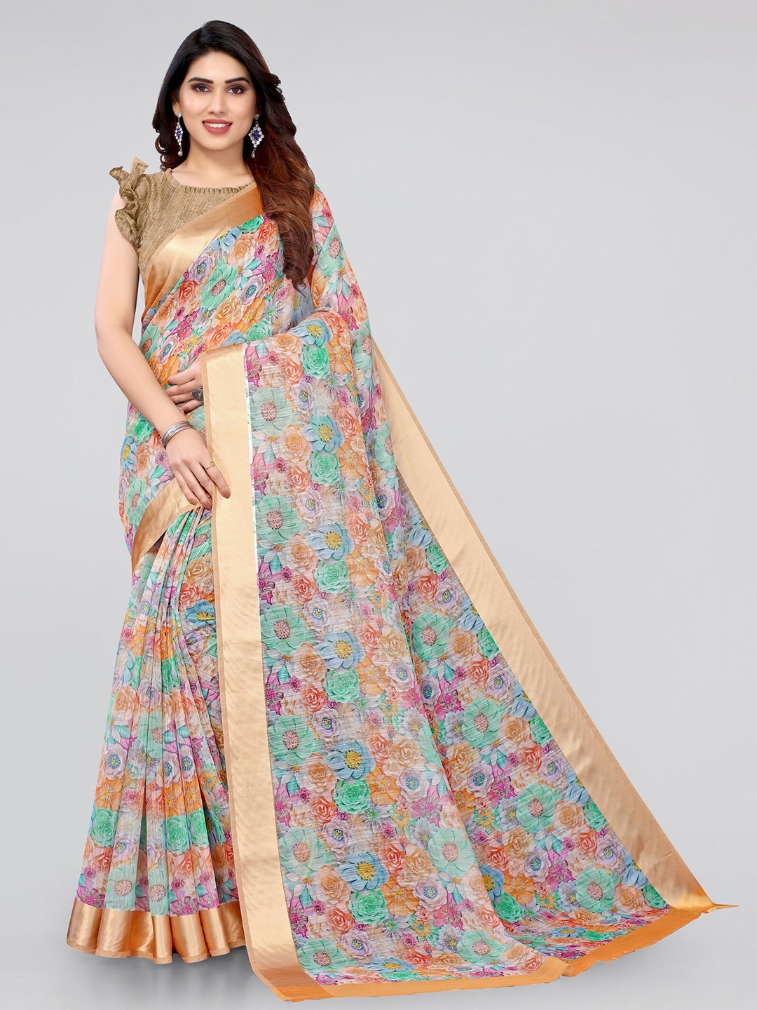 

MIRCHI FASHION Orange & Blue Floral Bagh Saree
