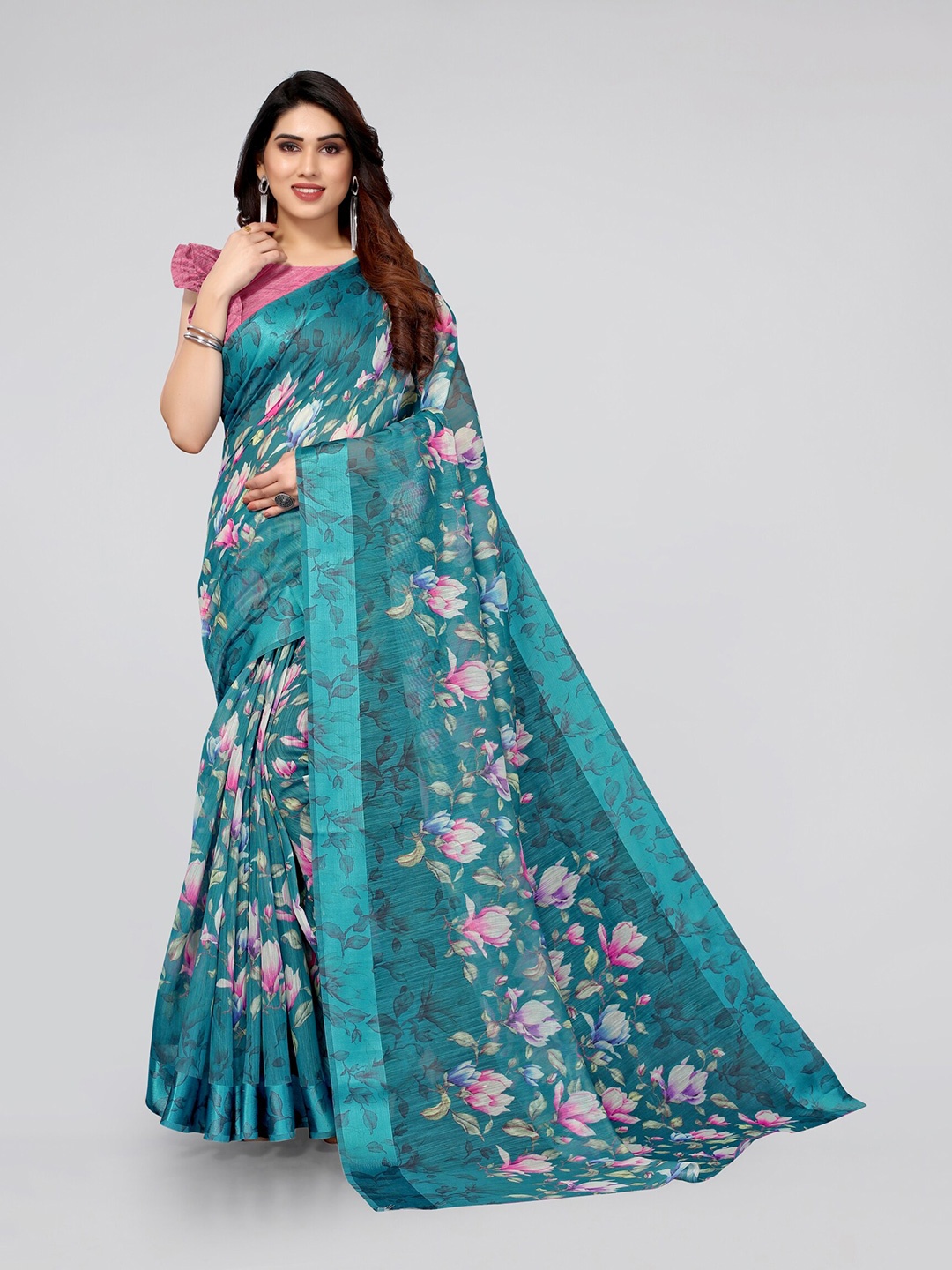 

MIRCHI FASHION Turquoise Blue & Pink Floral Bagh Saree