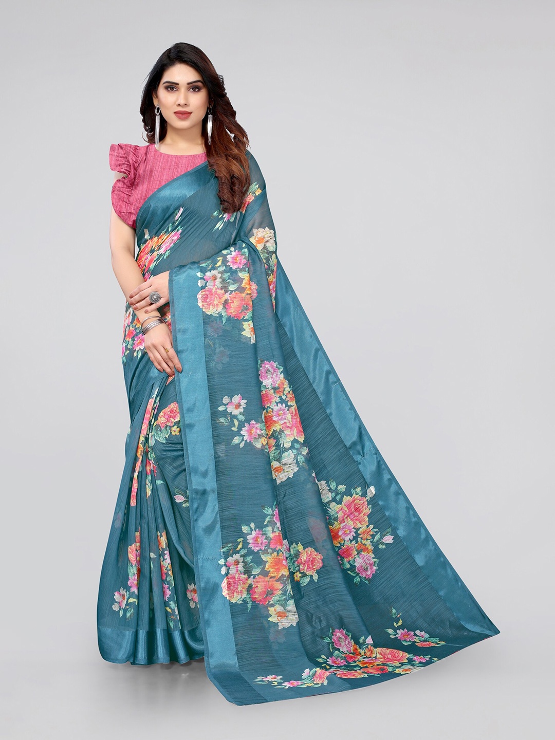 

MIRCHI FASHION Turquoise Blue & Pink Floral Bagh Cotton Saree