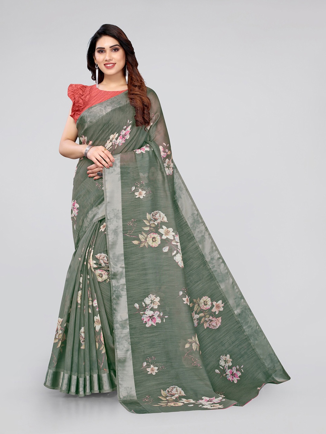 

MIRCHI FASHION Green & Beige Floral Bagh Saree