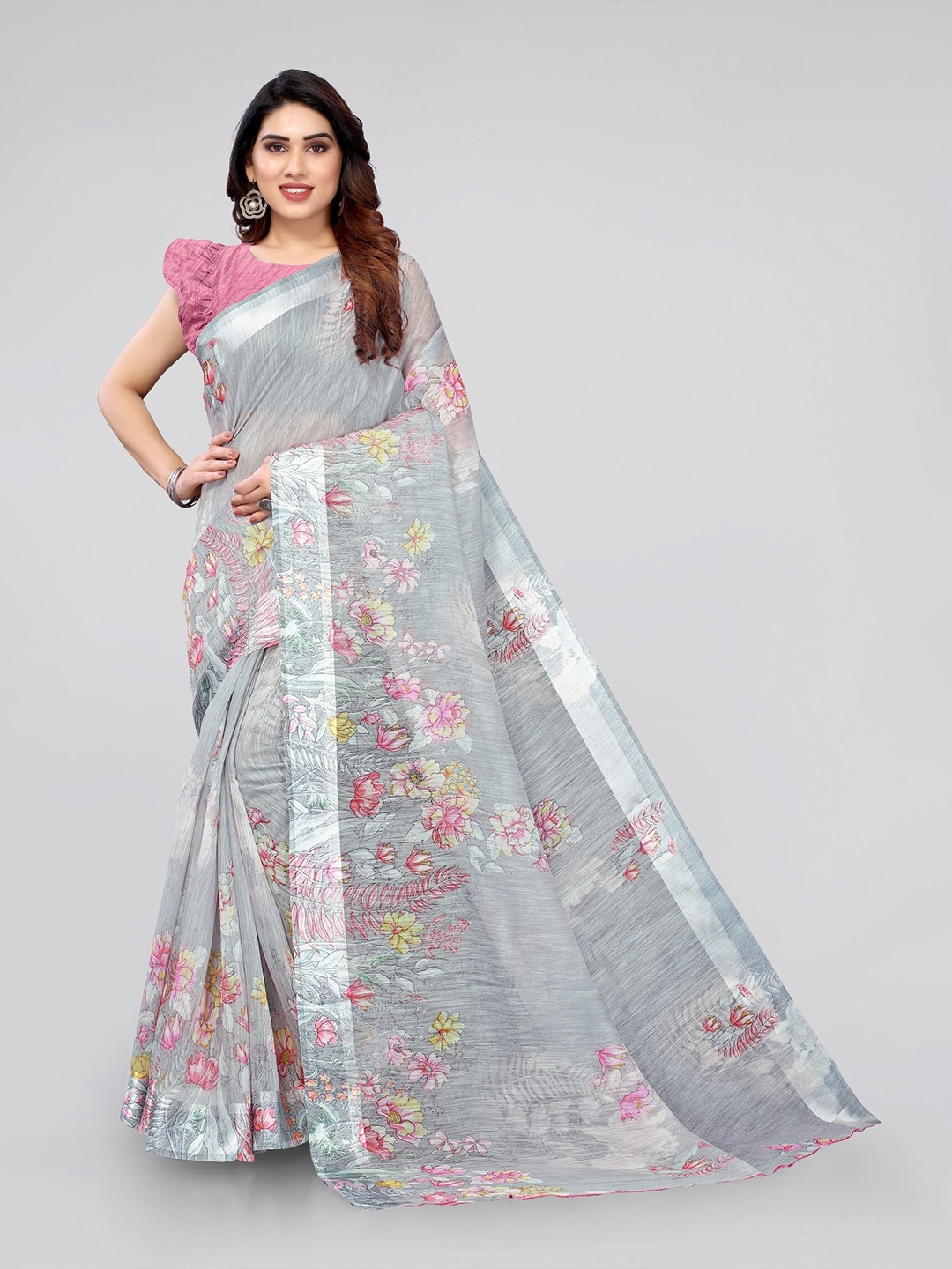 

MIRCHI FASHION Grey & Pink Floral Printed Bagh Saree