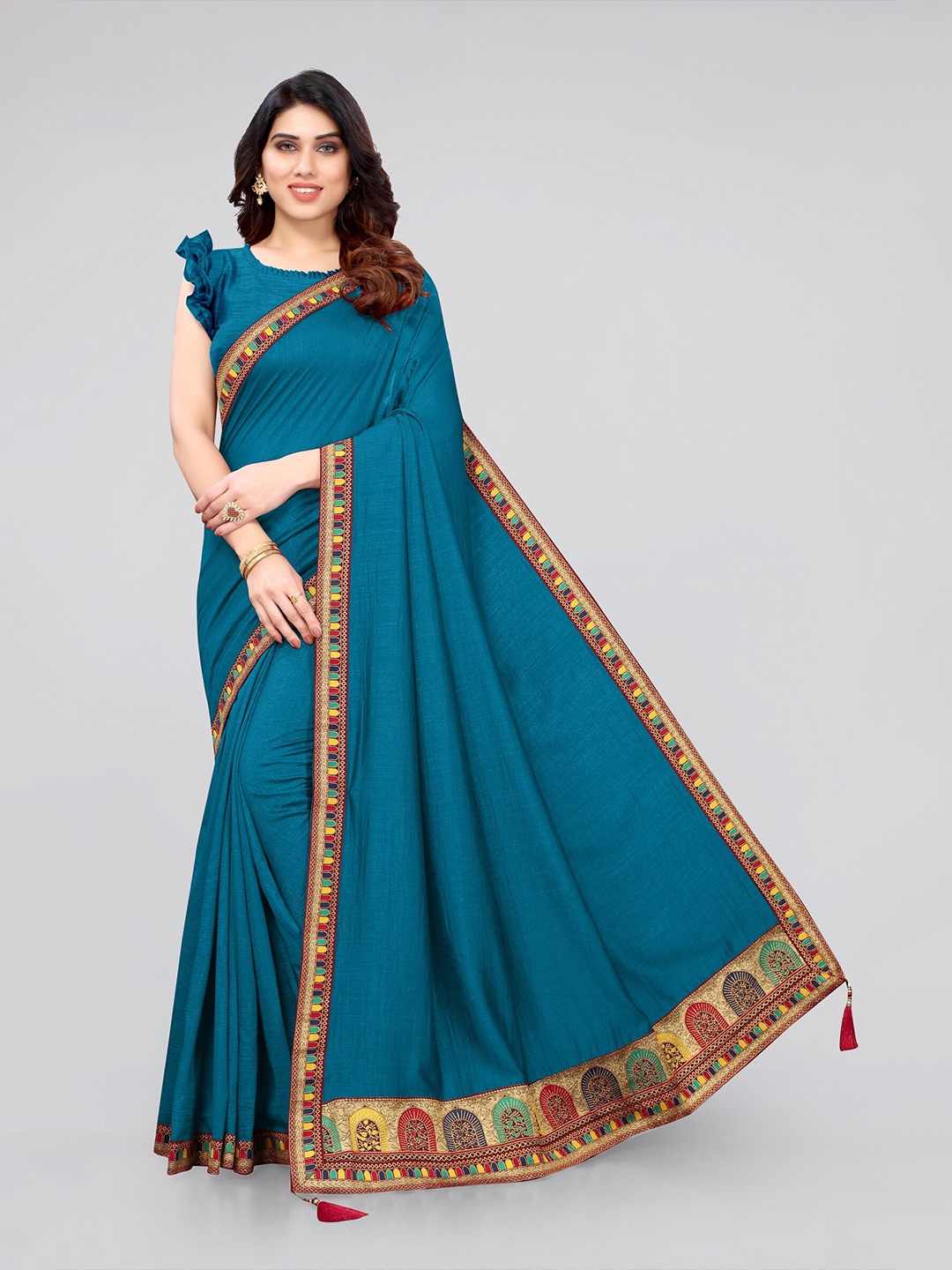 

MIRCHI FASHION Turquoise Blue Solid Silk Blend Saree