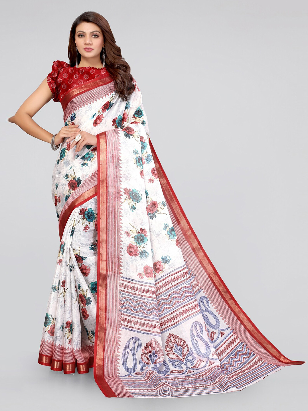

MIRCHI FASHION White & Red Floral Zari Baluchari Saree