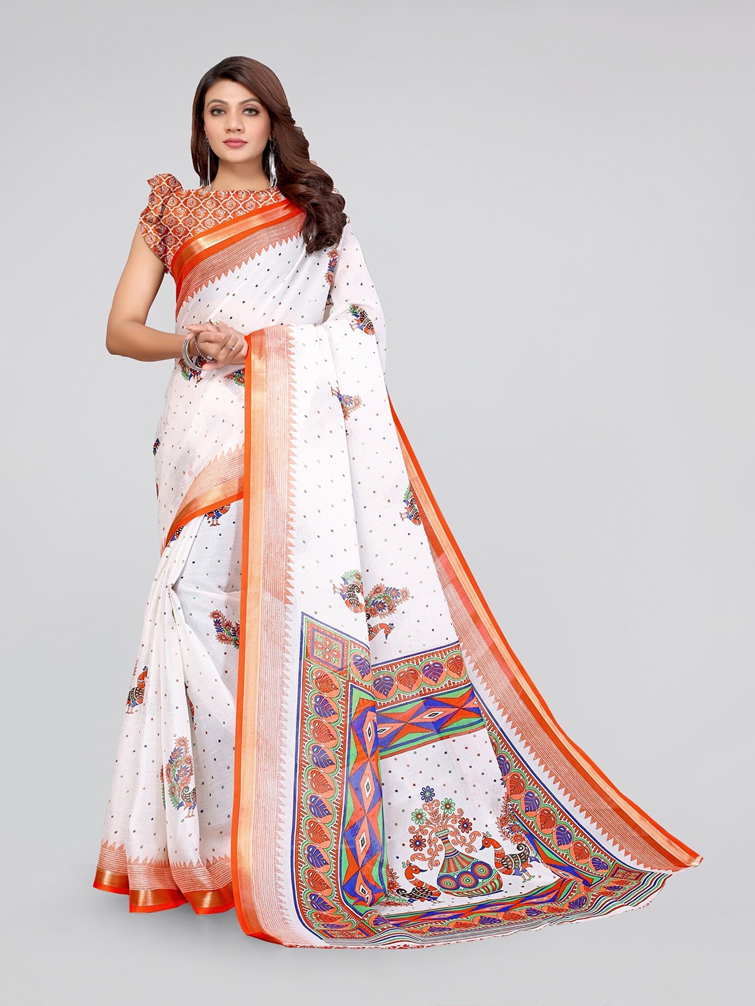 

KALINI White & Orange Ethnic Motifs Zari Baluchari Penny Cotton Saree