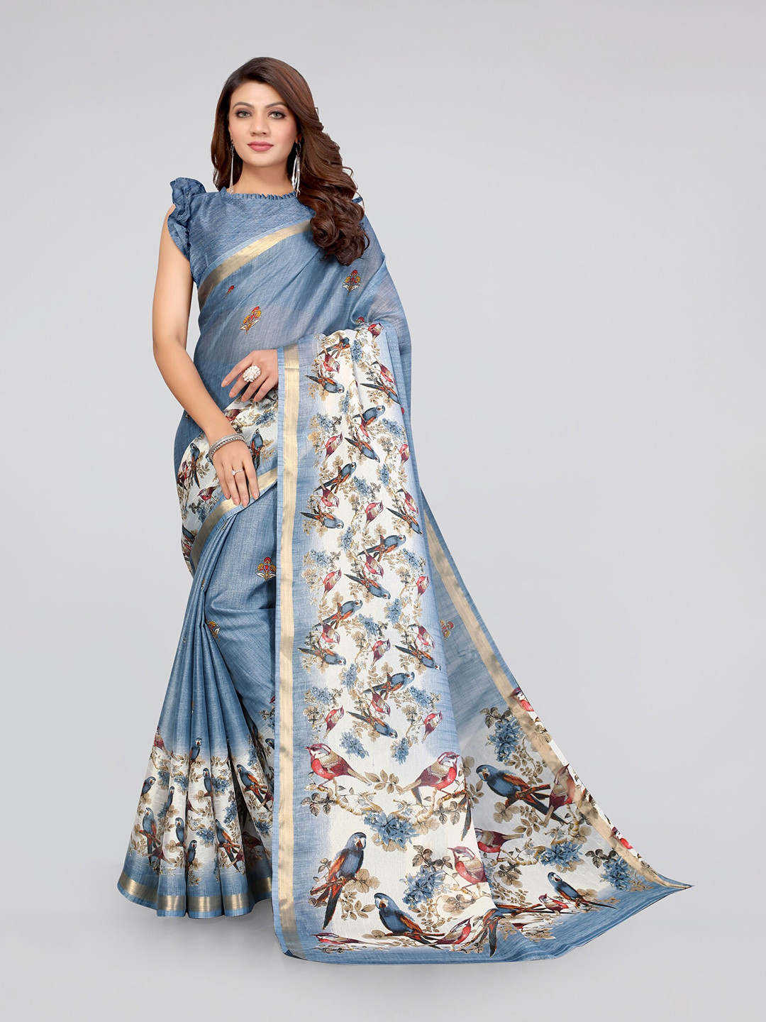 

MIRCHI FASHION Grey & White Floral Printed Baluchari Saree