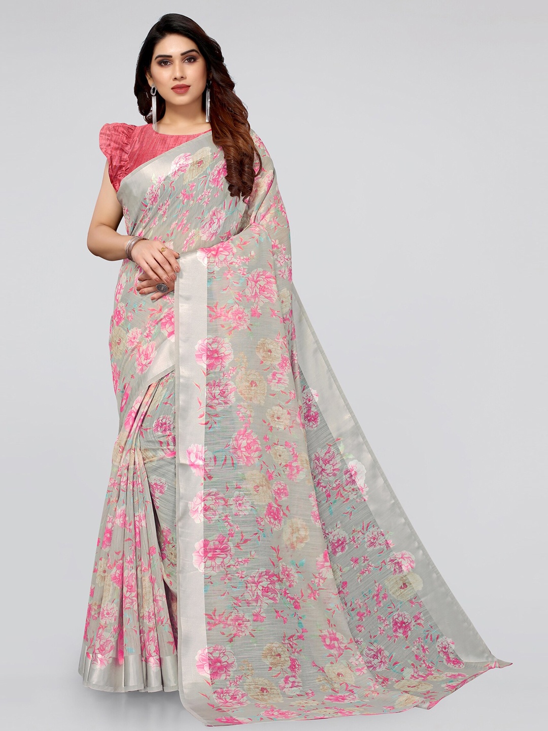 

MIRCHI FASHION Grey & Pink Floral Printed Saree