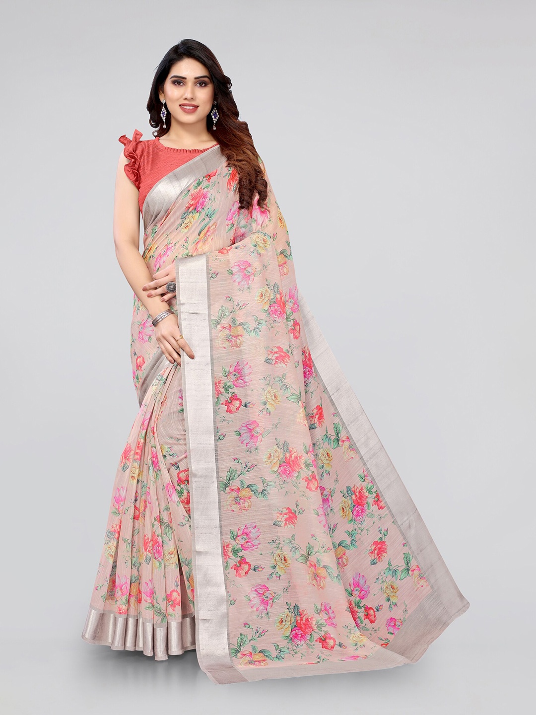 

MIRCHI FASHION Peach-Coloured & Green Floral Printed Bagh Saree