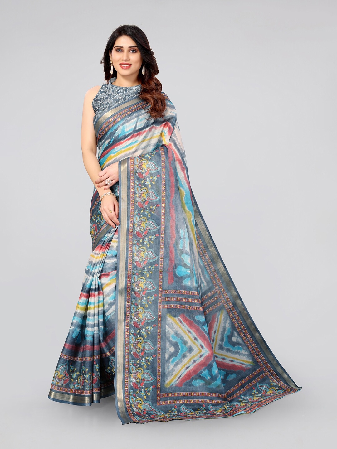 

MIRCHI FASHION Grey & Blue Printed Saree