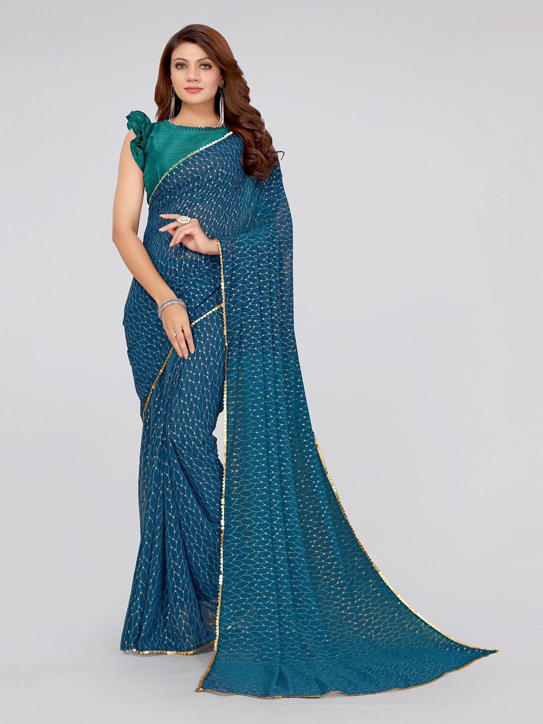 

MIRCHI FASHION Turquoise Blue & Golden Sequinned Saree