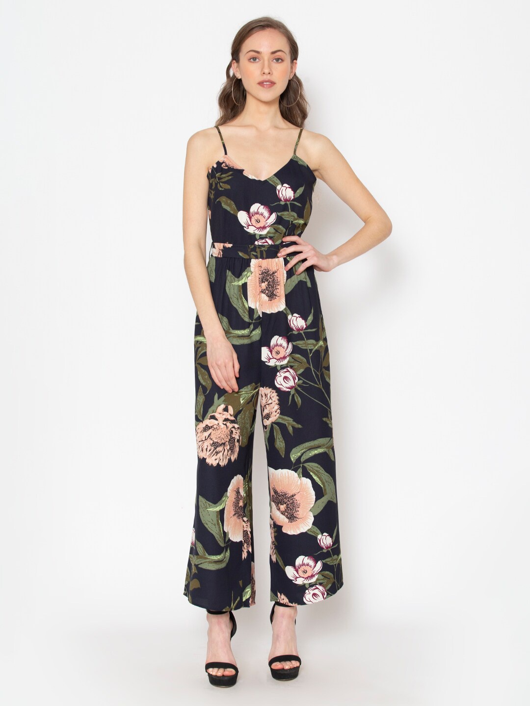 

FLAWLESS Navy Blue & Pink Printed Culotte Jumpsuit
