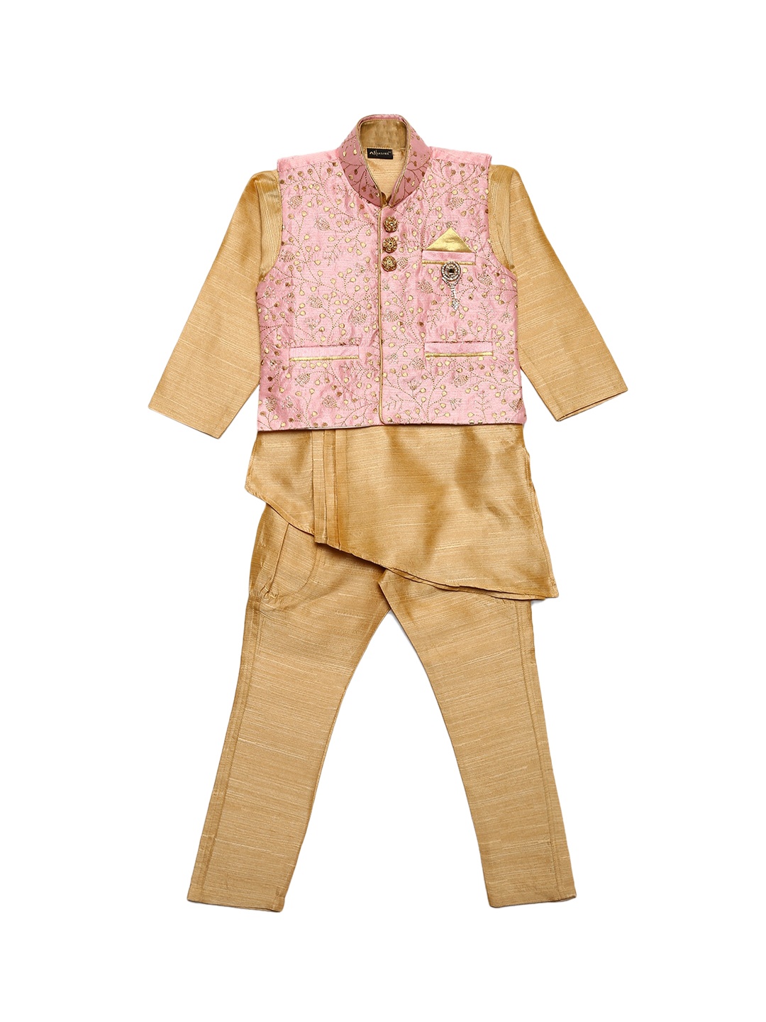 

Aj DEZInES Boys Beige & Pink Asymmetric Kurta with Pyjamas & Embroidered Waistcoat